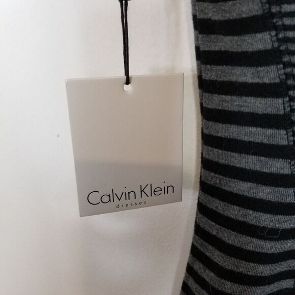 Calvin Klein Women Sheath Knit Midi Dress Sz  10 Black Gray Stripe Stretch Ponte - Picture 7 of 10